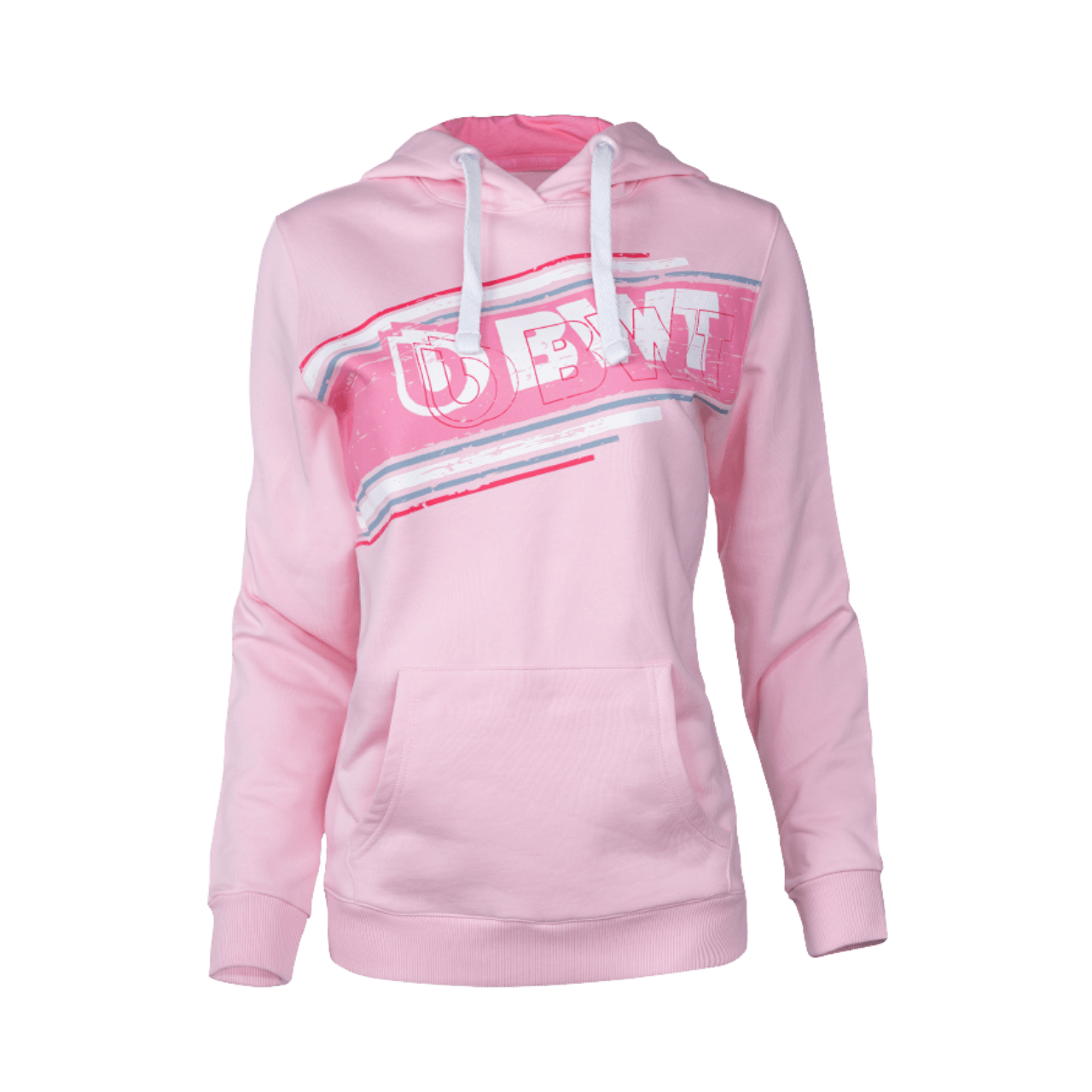 BWT Lifestyle Hoodie Dames roze met wit BWT logo op roze achtergrond op de borst