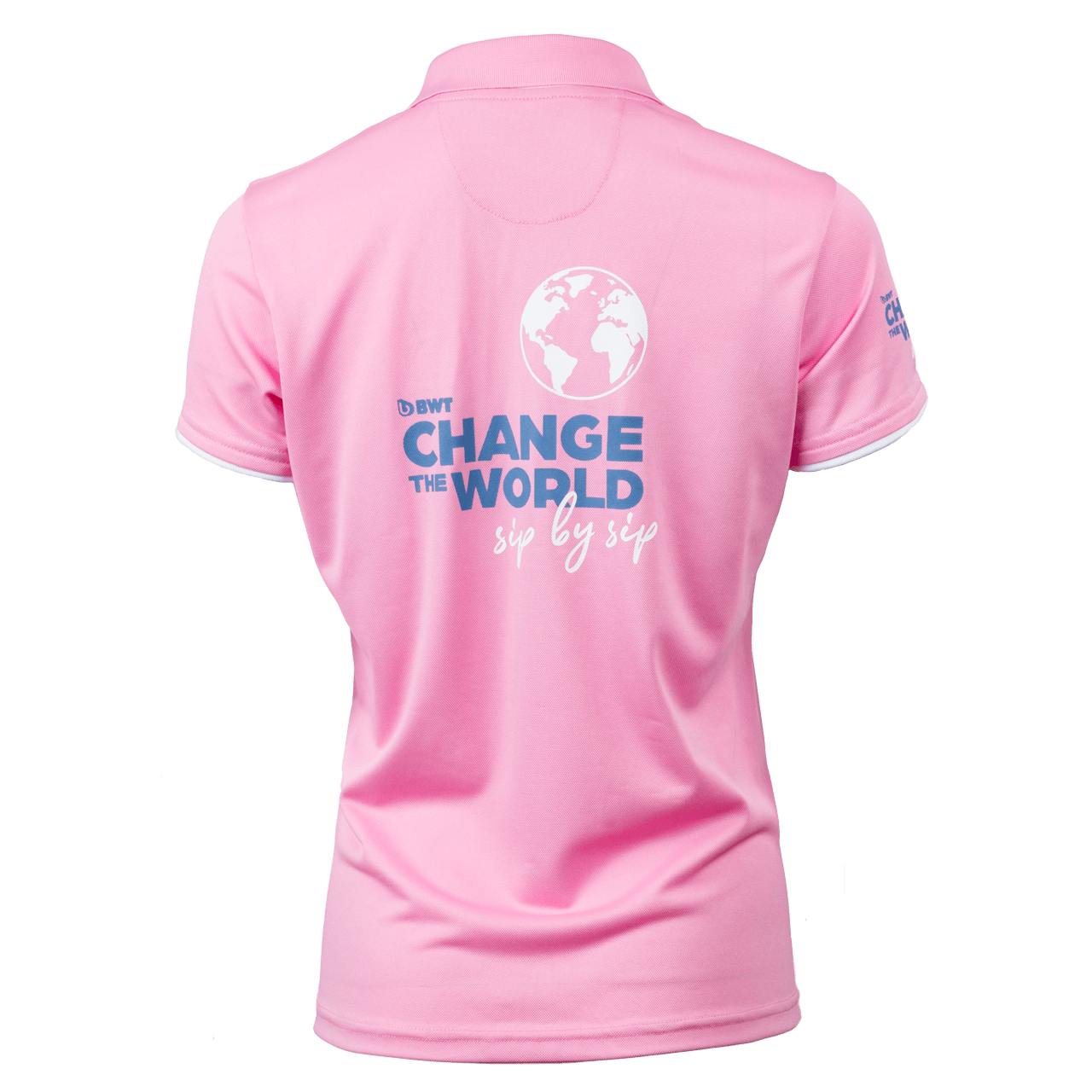 BWT Change The World Polo Functie Heren Terug in Roze met Blauw Change The World Logo