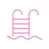 Pictured is a minimalist, pink pool icon with a striking ladder and an undulating water surface.