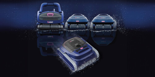A sleek lineup of advanced BWT robotic pool cleaners is displayed against a dark, water-inspired background.